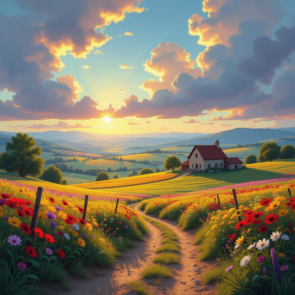 Vibrant Countryside Landscape in Splash Art Style