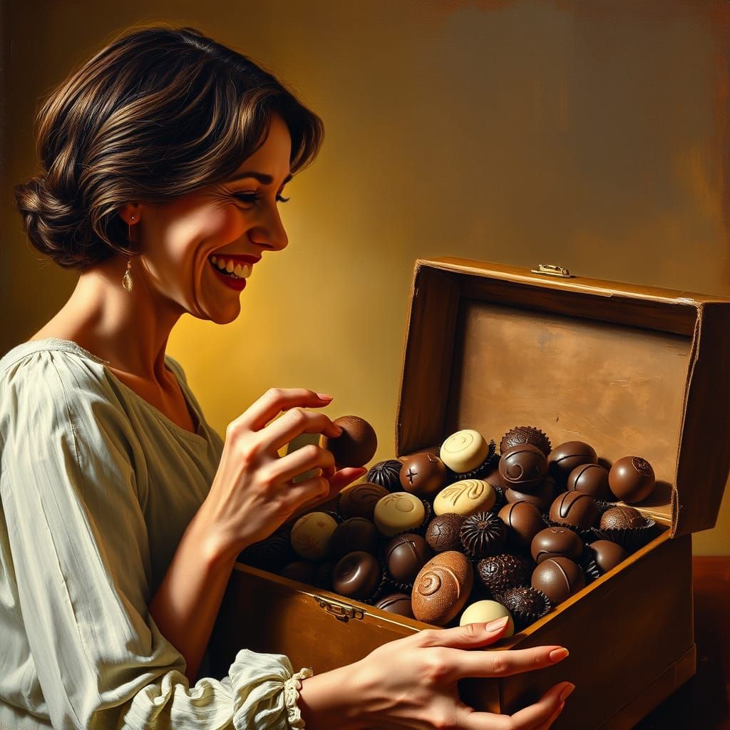 Woman Selects Chocolate from Overflowing Box, Oil Painting S...
