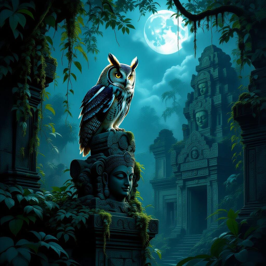 Ethereal Owl on Ancient Statue in Moonlit Jungle City