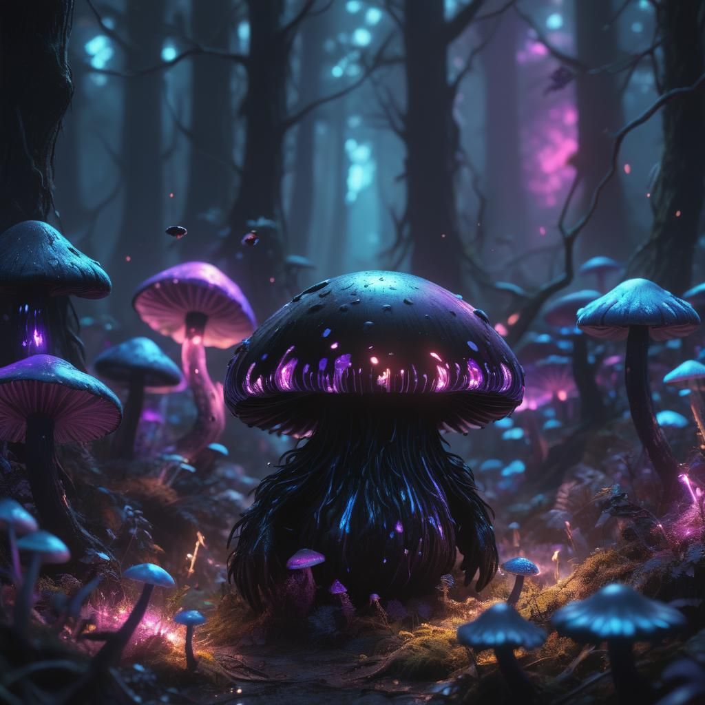 Ethereal Black Creature Emerges from Mushroom Forest in Neon...