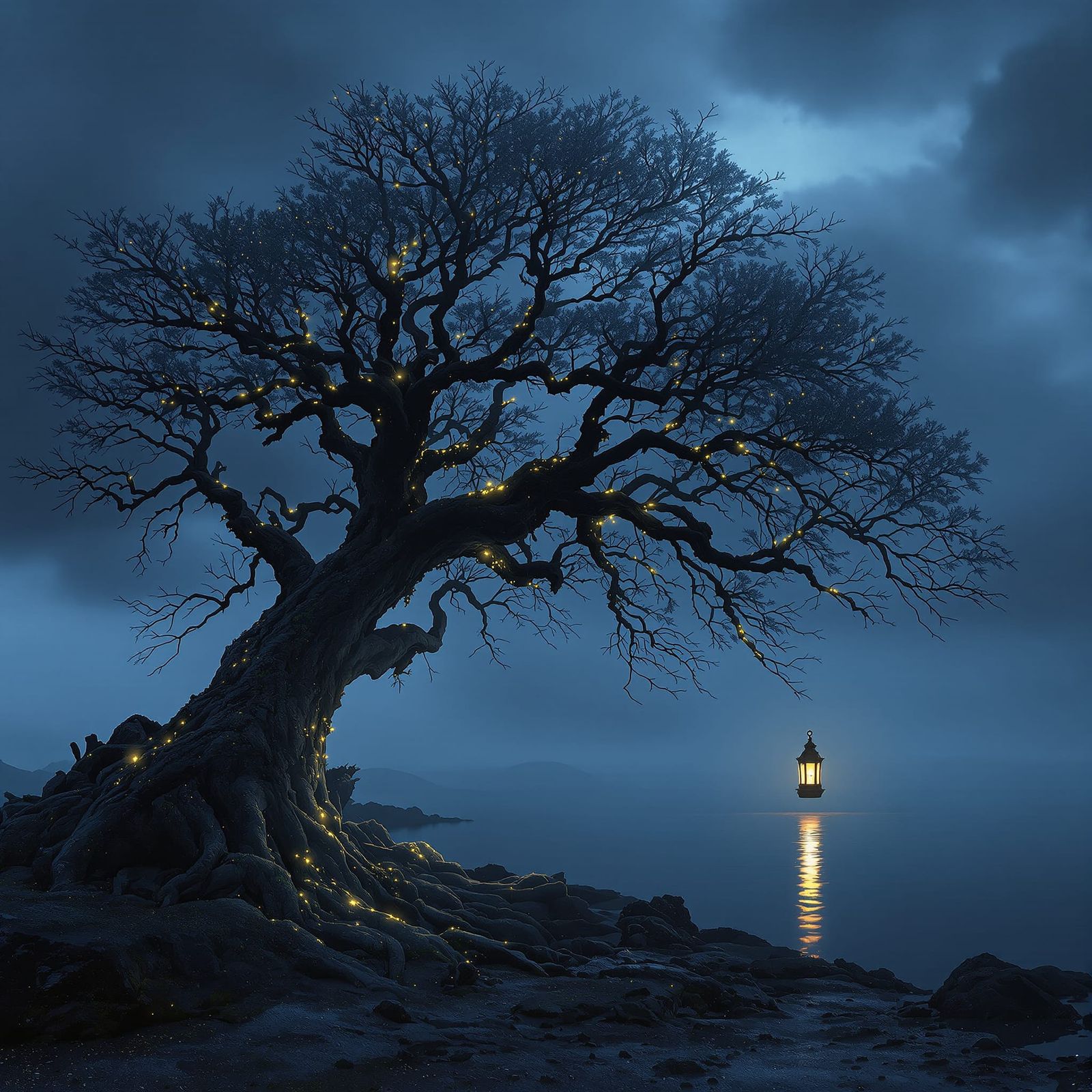 Ancient Tree on Misty Shore with Glowing Lantern