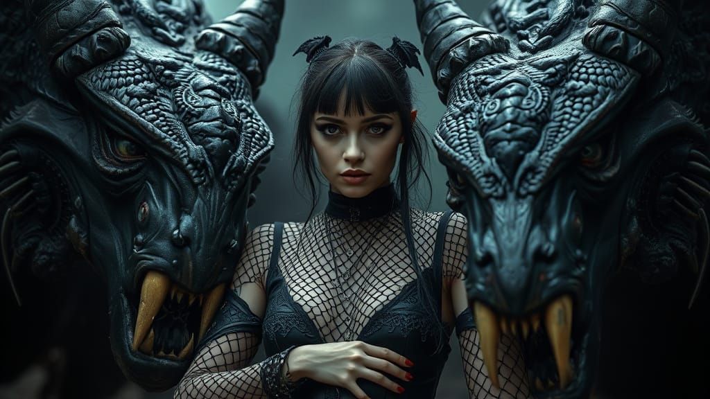 Gothic Woman Poses with Beasts in Cinematic HDR Image