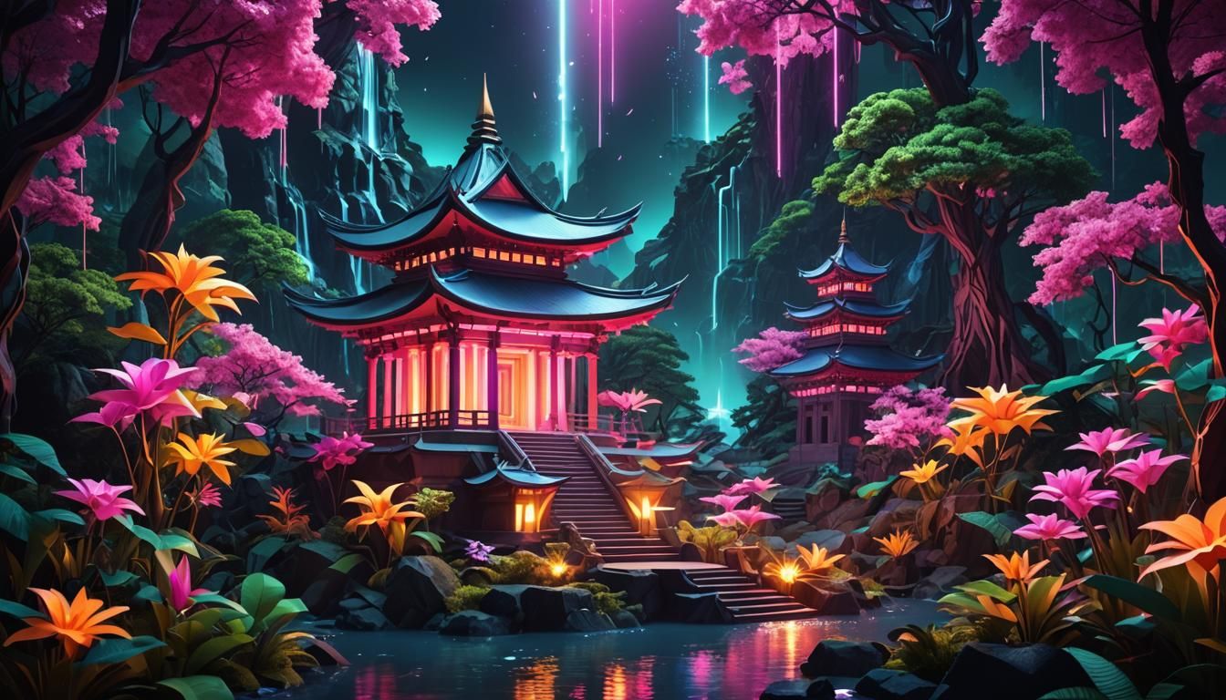 Neon Temple in Magical Forest: Origami Papercraft