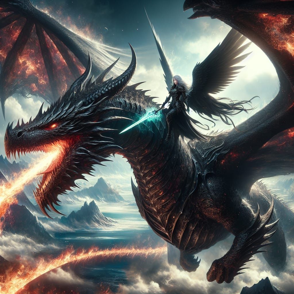 Epic Fantasy Dragon Rider in Cyberpunk-Inspired Matte Painti...