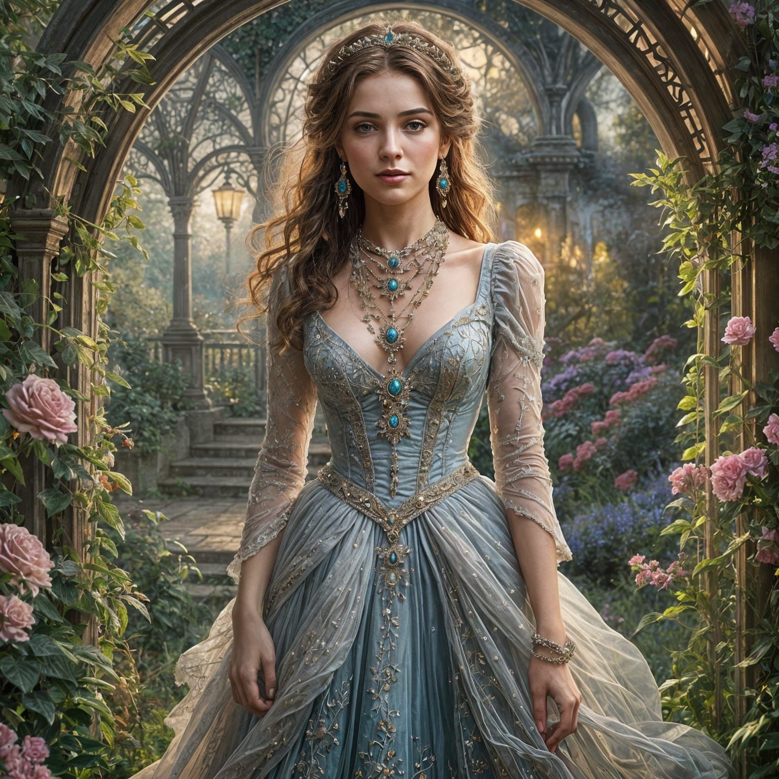 Ethereal Woman in Victorian Dress Overlooks a Whimsical Gard...