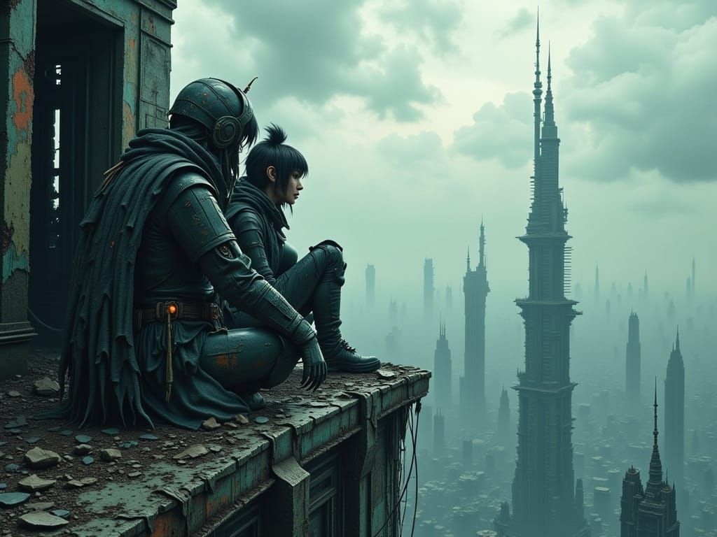 Cyberpunk Survivors Amid Ruined Skyscrapers in a Desolate Wo...