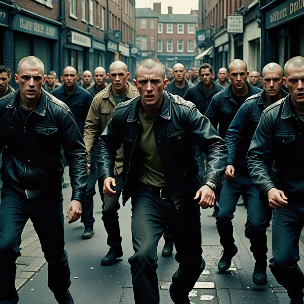 Gritty Skinhead Rioters in Urban Brawl Cinematic Film Still