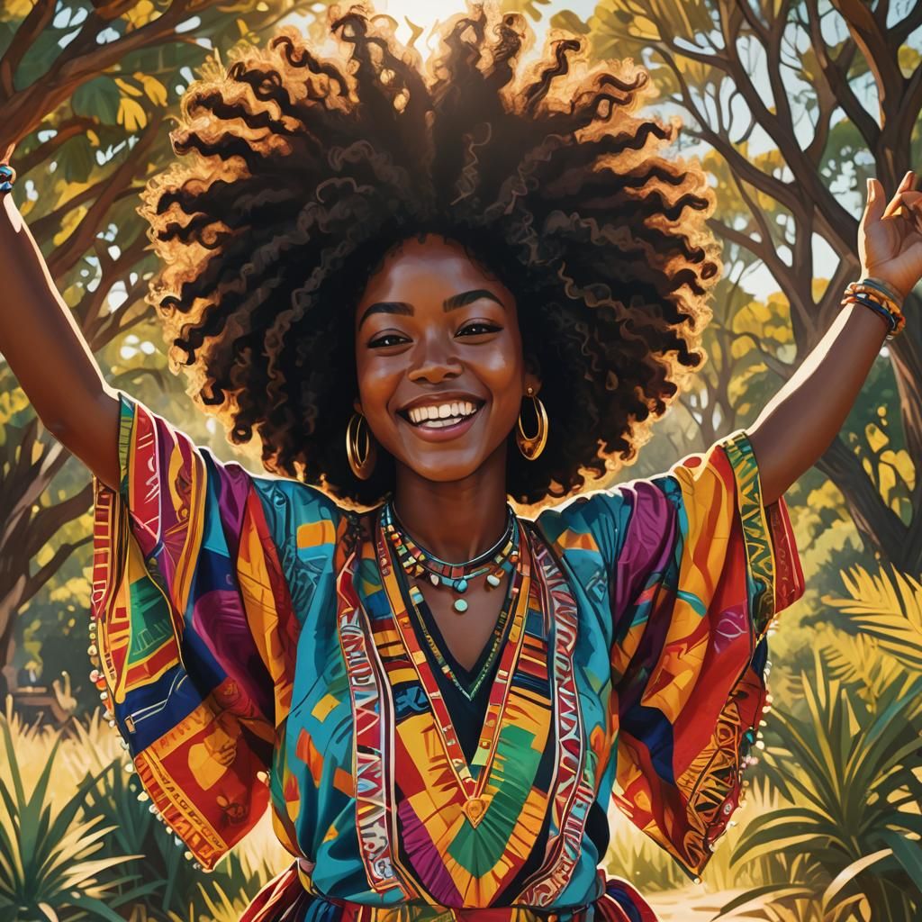 Surreal Afro-Futurist Goddess Radiates Joy in Vibrant Dashik...