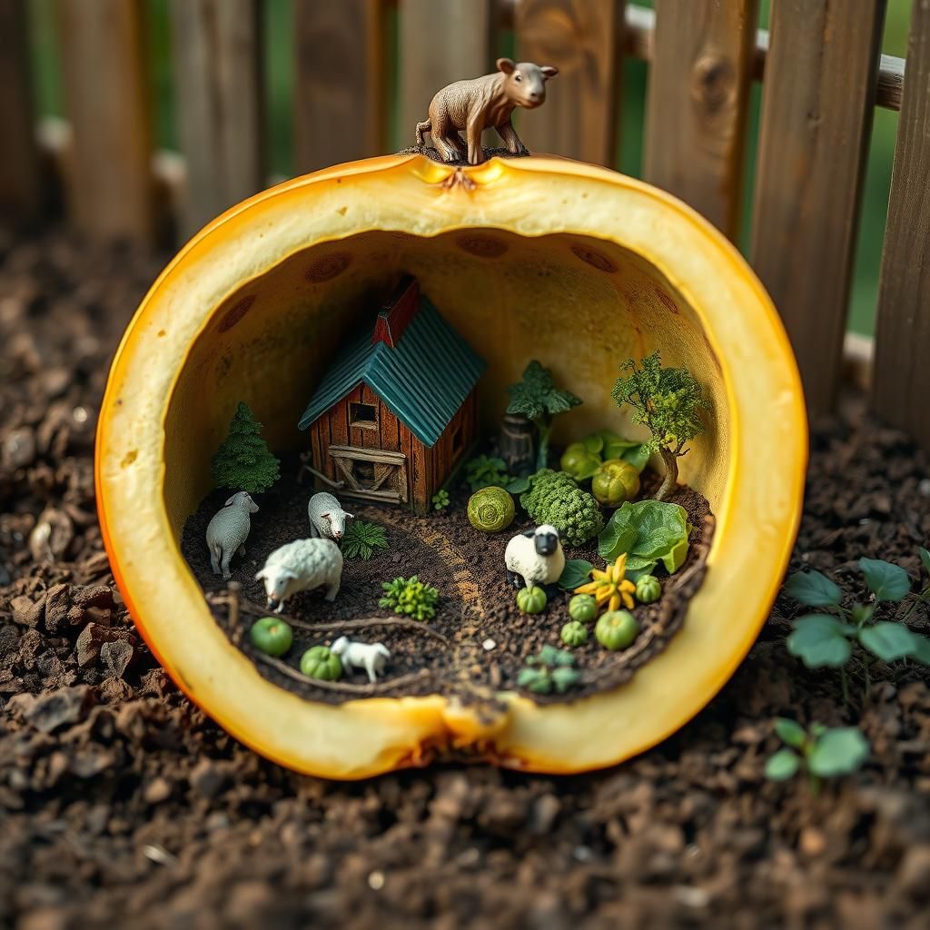 Fantastical Miniature Farm Inside a Halved Gourd in Photorea...