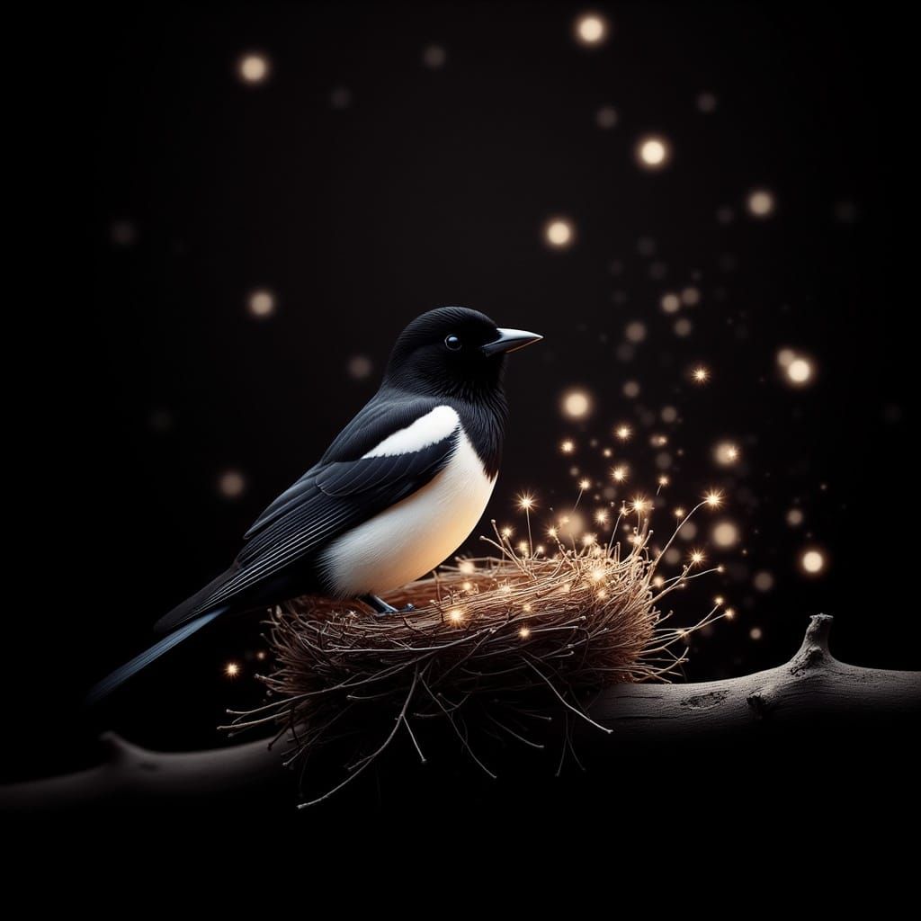 Magpie with Vibrant Christmas Lights Nest