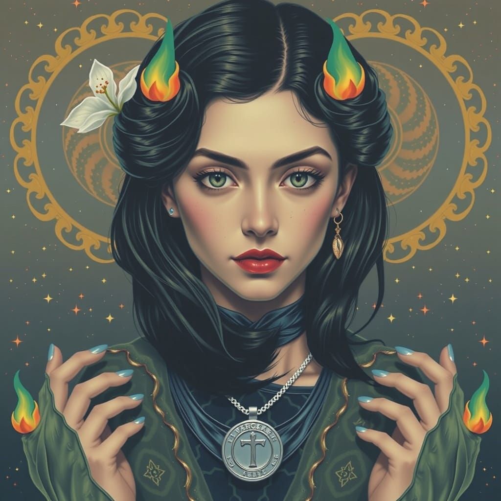 Woman with Fibonacci Curves and Starry Sky