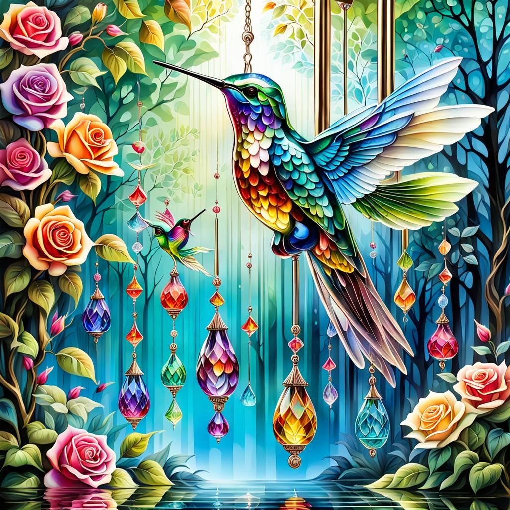 Whimsical Multicolored Fantasy Art of Glass Windchimes and B...