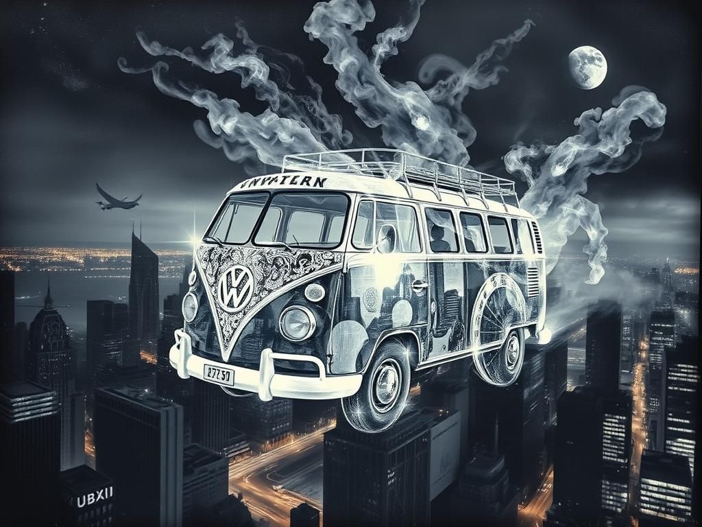 Ethereal Ghostly VW Van soars Over Cityscape in Dreamlike Da...