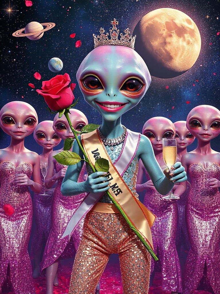 Cosmic Alien in Sparkling Sash Holds Last Rose Amidst Tearfu...