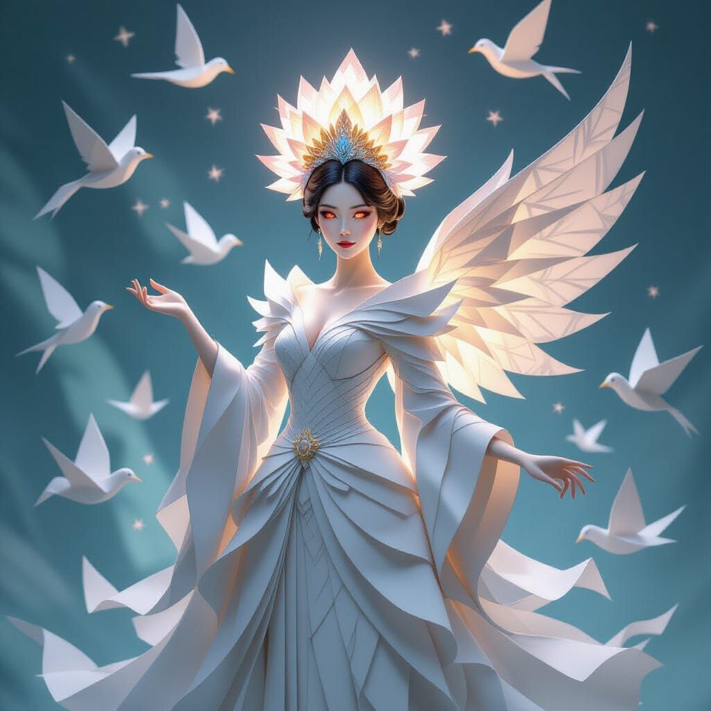 Origami Empress with Paper Birds in Fantasy Style