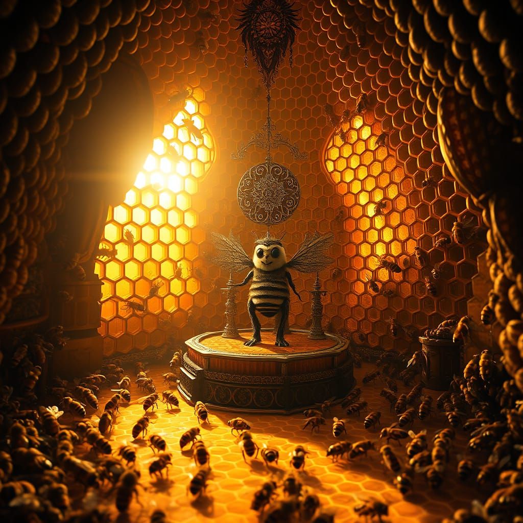 Regal Beehive in Golden Light, Cyberpunk Baroque Style
