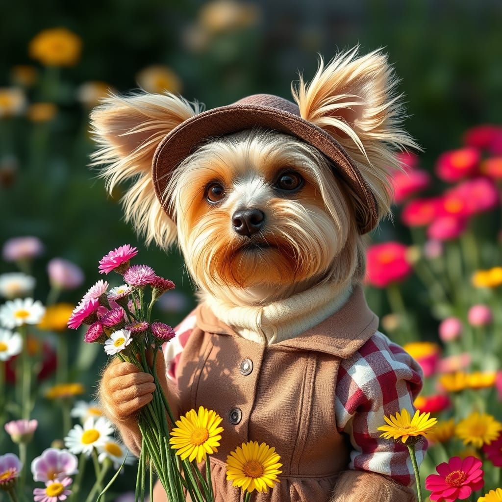 Yorkie Farmer in a Vibrant Garden