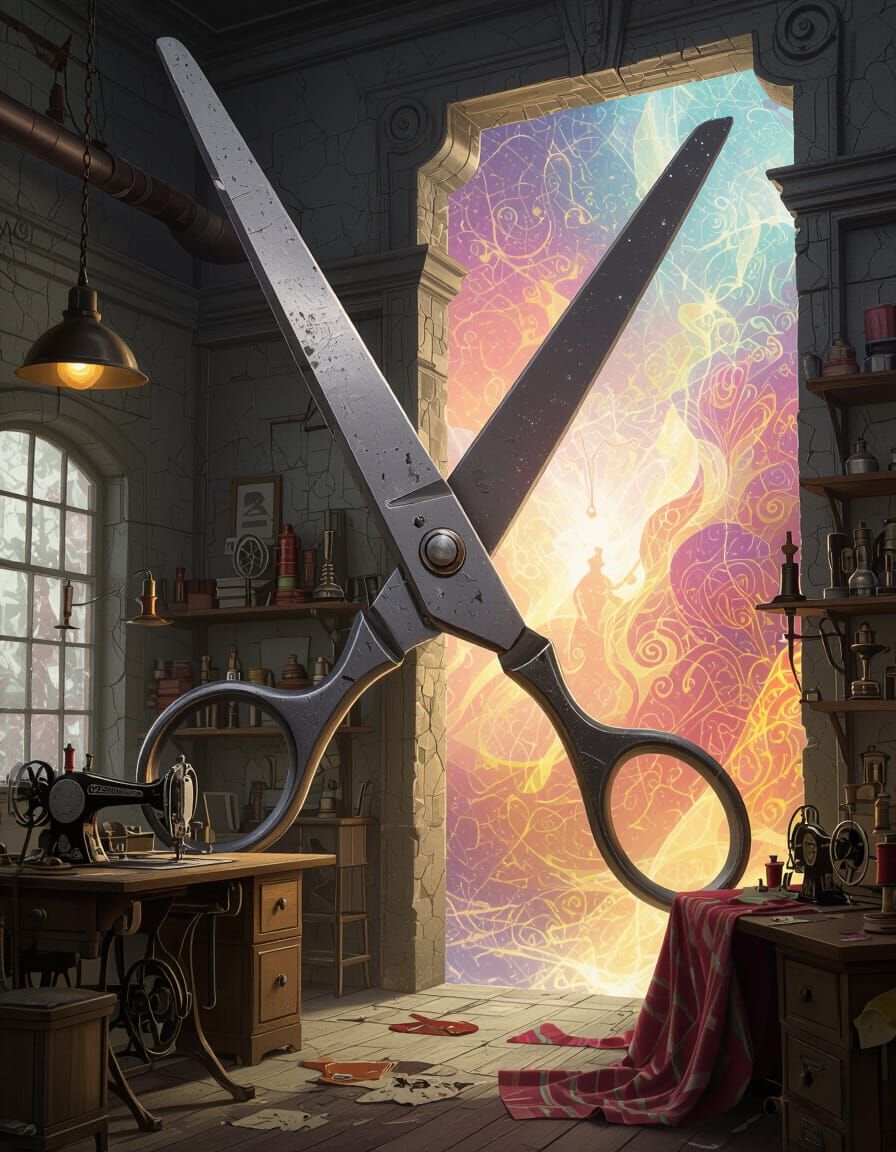 Colossal Scissors Slice Reality in Surreal Masterpiece