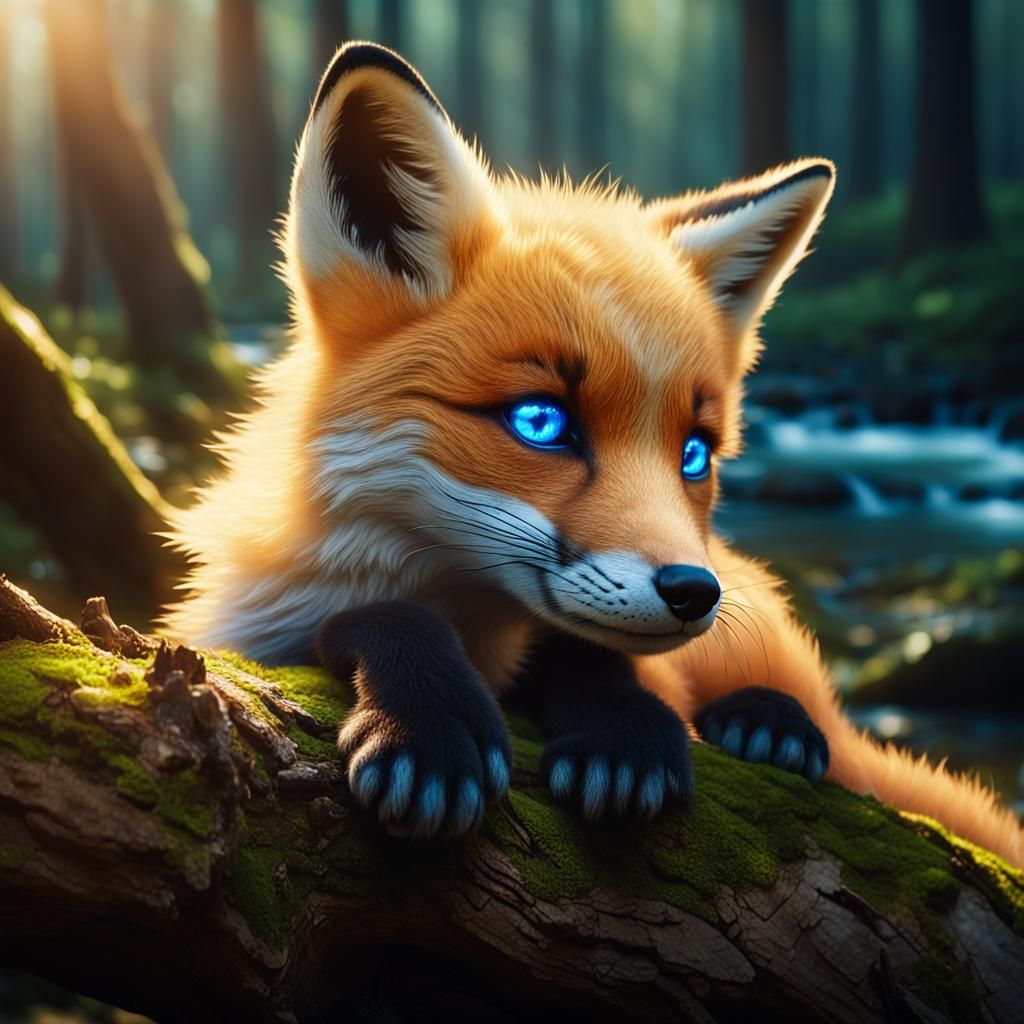 A Fox Pup in a Serene Forest Scene, Captured in Hyperrealist...