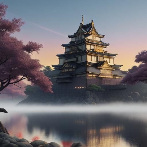 Osaka Castle Rising from the Japanese Flag in Vibrant Oil Pa...