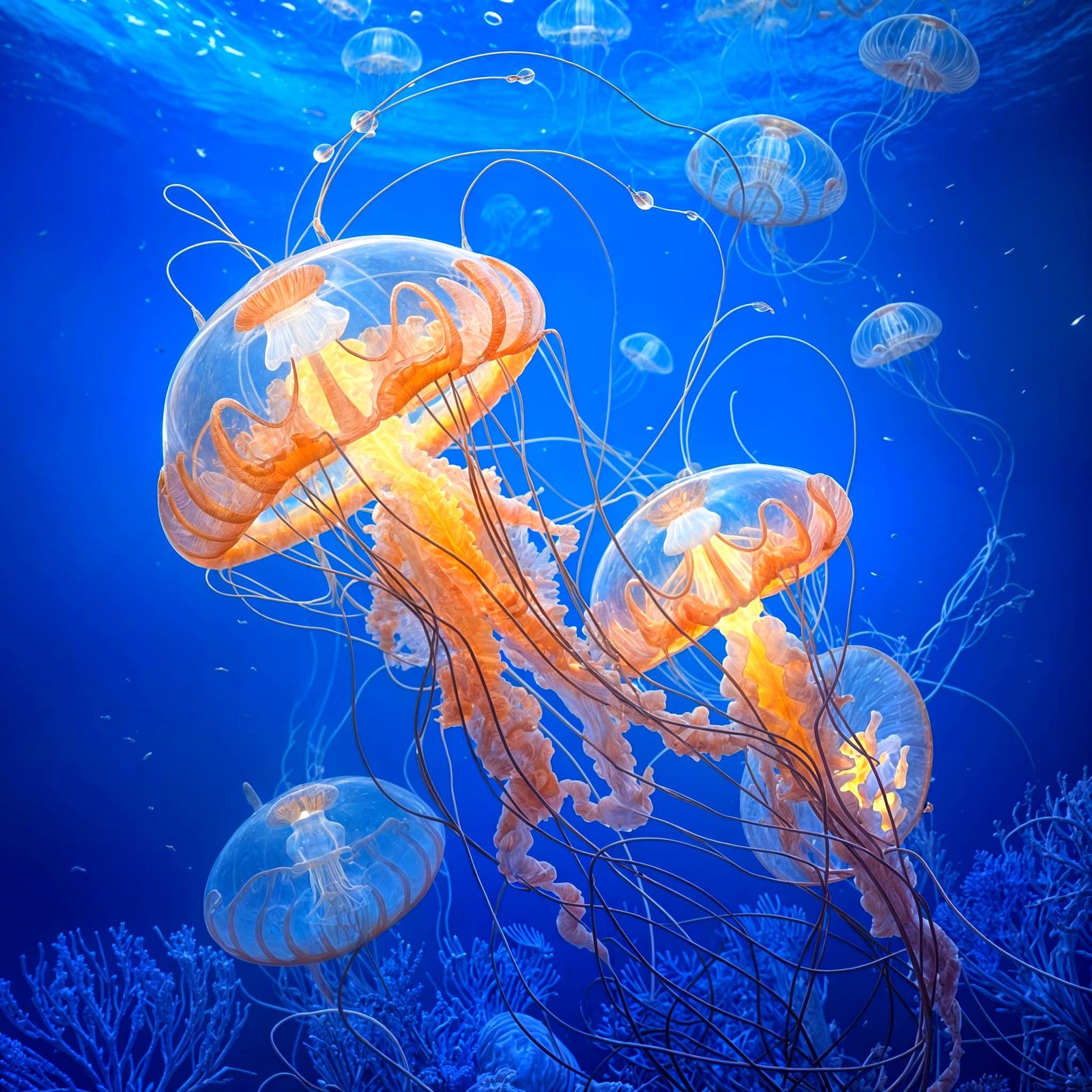 Swirling Jellyfish Dance in Cinematic Underwater Realm