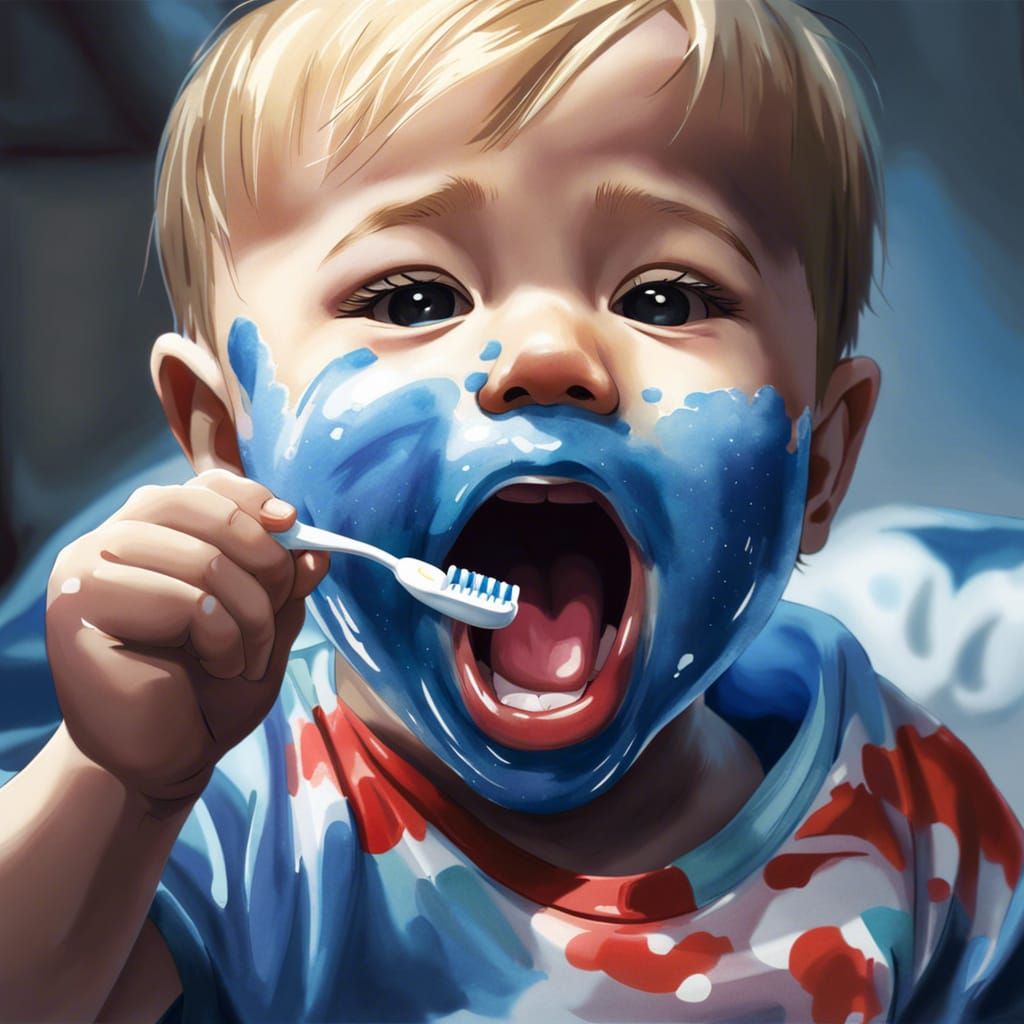 A Joyful Anime Scene of a Toddler Brushing His Teeth