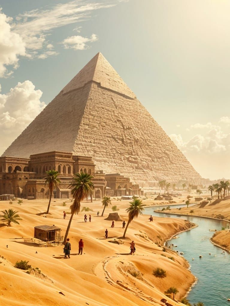 Egyptian Settlement with Pyramid in Desert Landscape