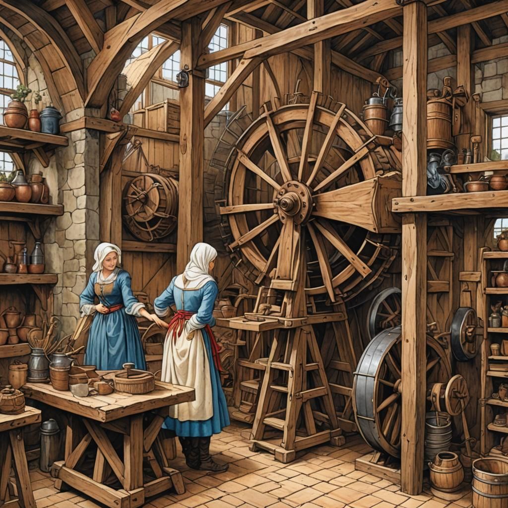 Medieval Women Amidst Windmill Machinery in Whimsical Style