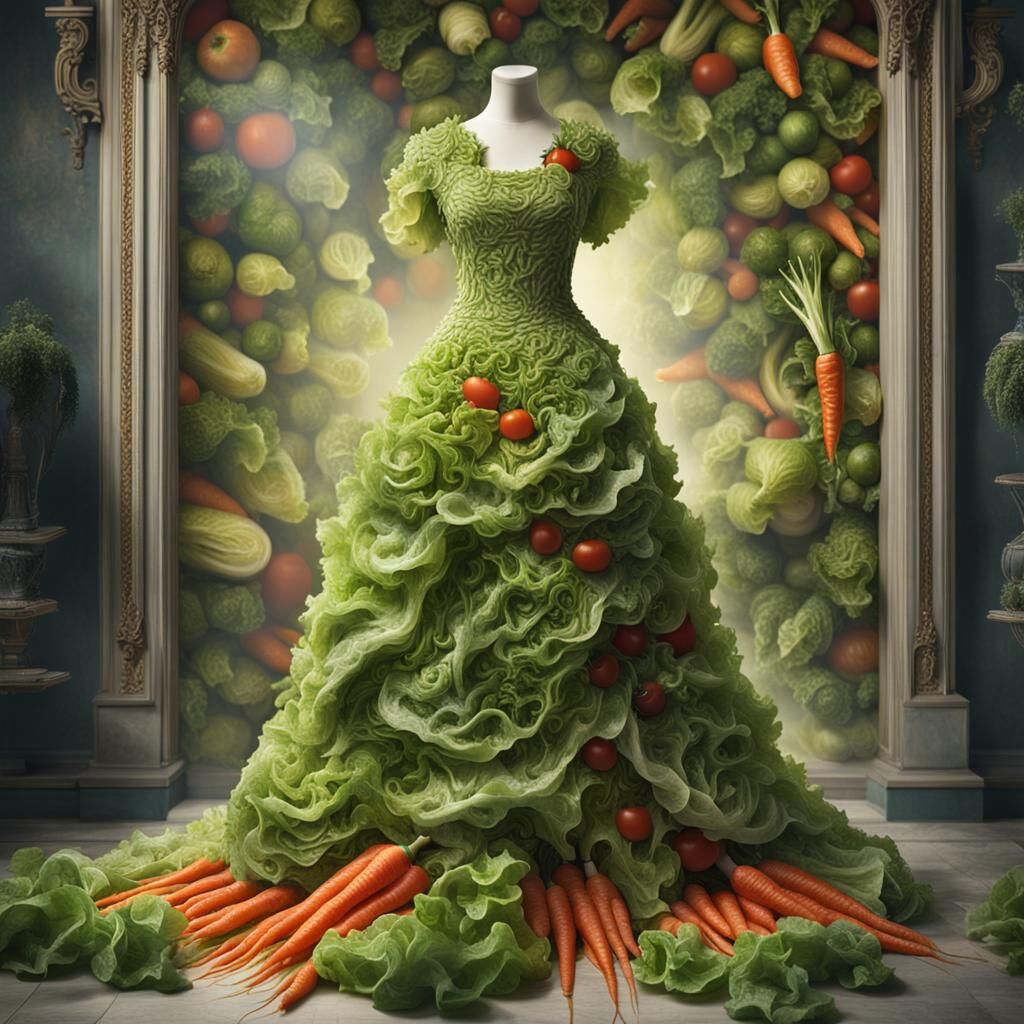 Elegant Lettuce Gown on a Mannequin in Cinematic Digital Art