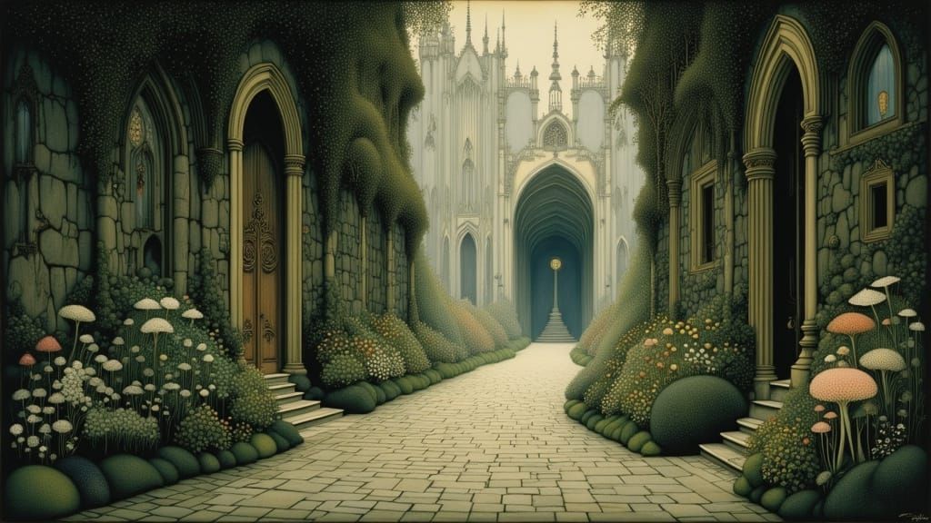 Magical Alleyway with Glowing Moss and Ethereal Fungi