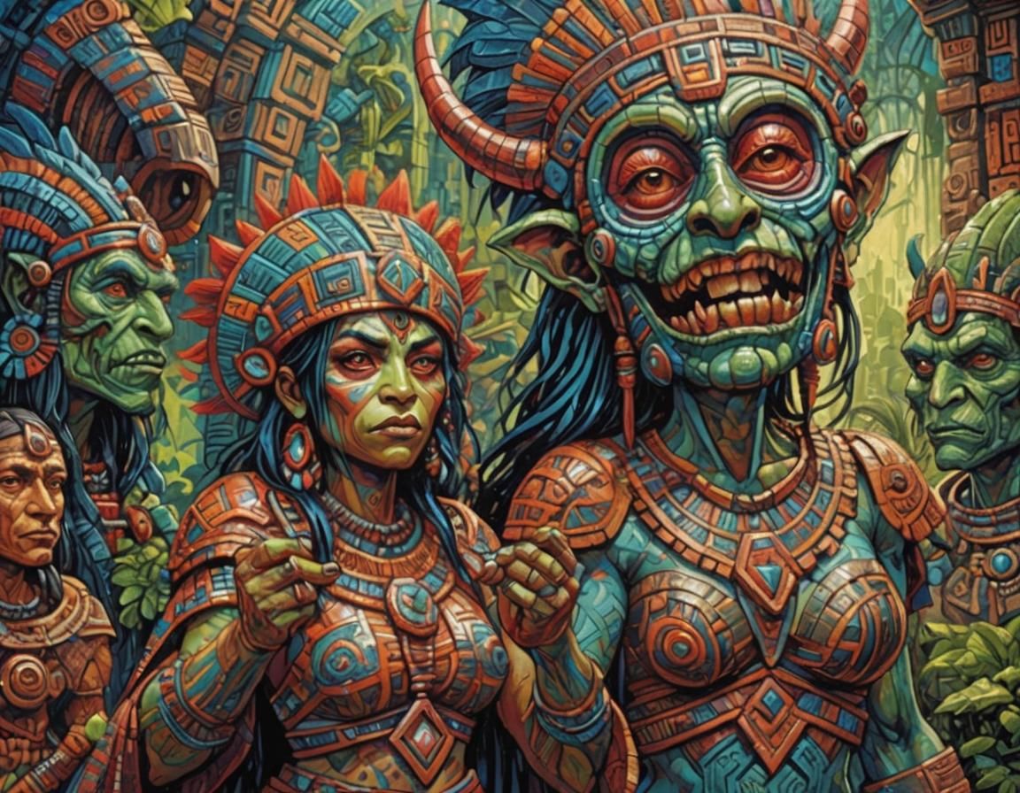Aztec Goblin Girl in Neo-Expressionist Oil Painting