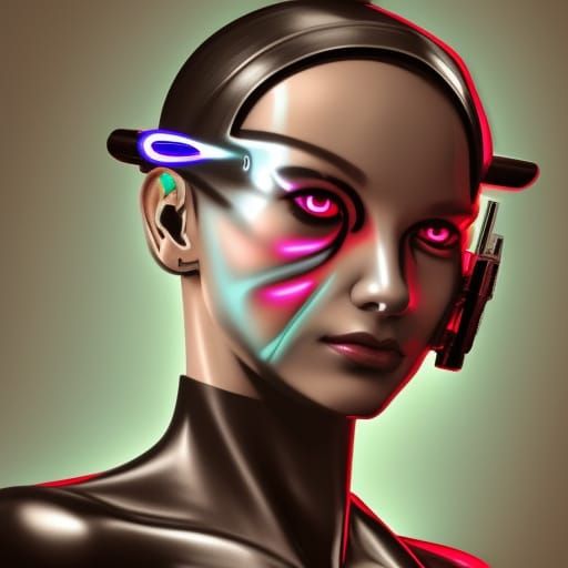 Cyberpunk Woman with Electronic Face in Neon Lighting