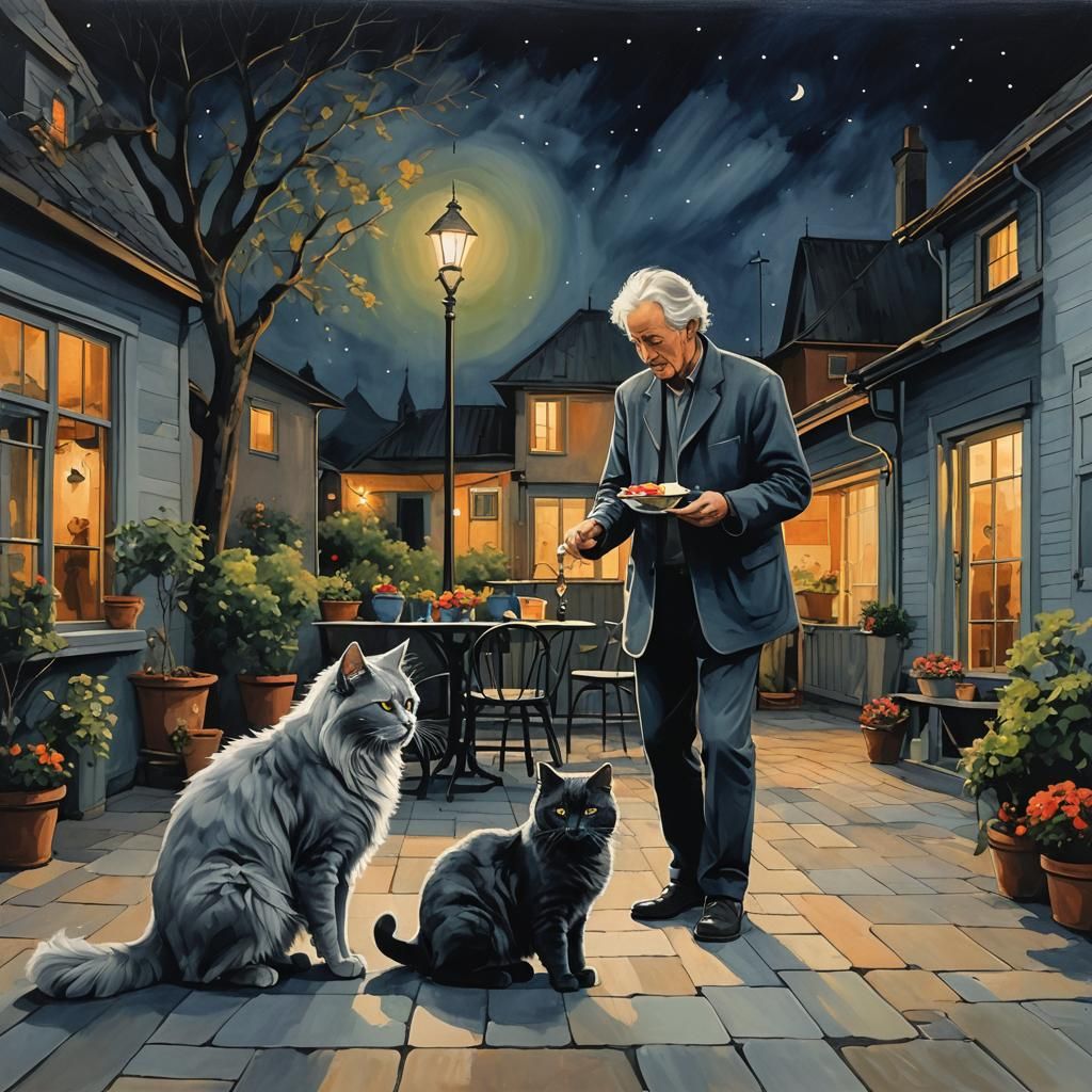 Moonlit Whimsy: A Pair's Gentle Moment with a Nebelung Cat