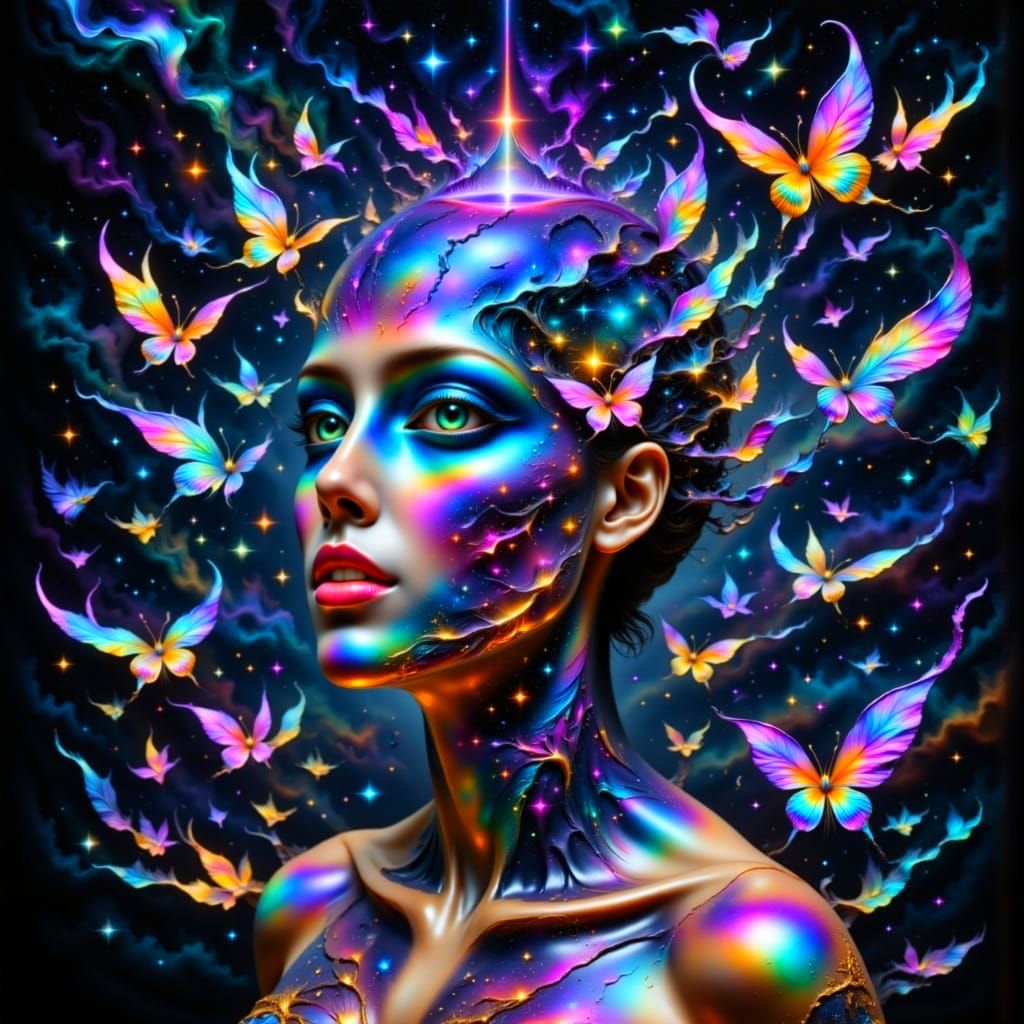 Glowing Boy Surrounded by Iridescent Butterflies in Hyperdet...