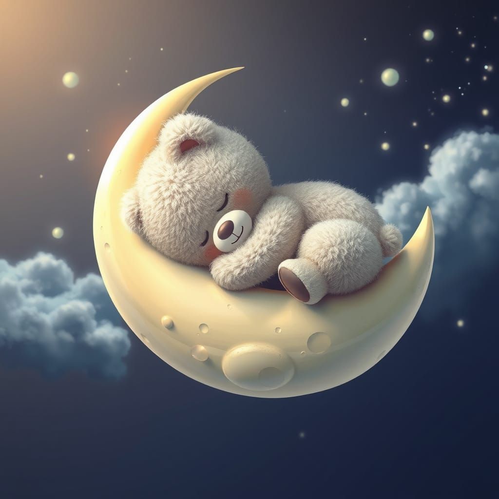 Fluffy Teddy Bear Sleeps on Moon in 3D Cartoon Style