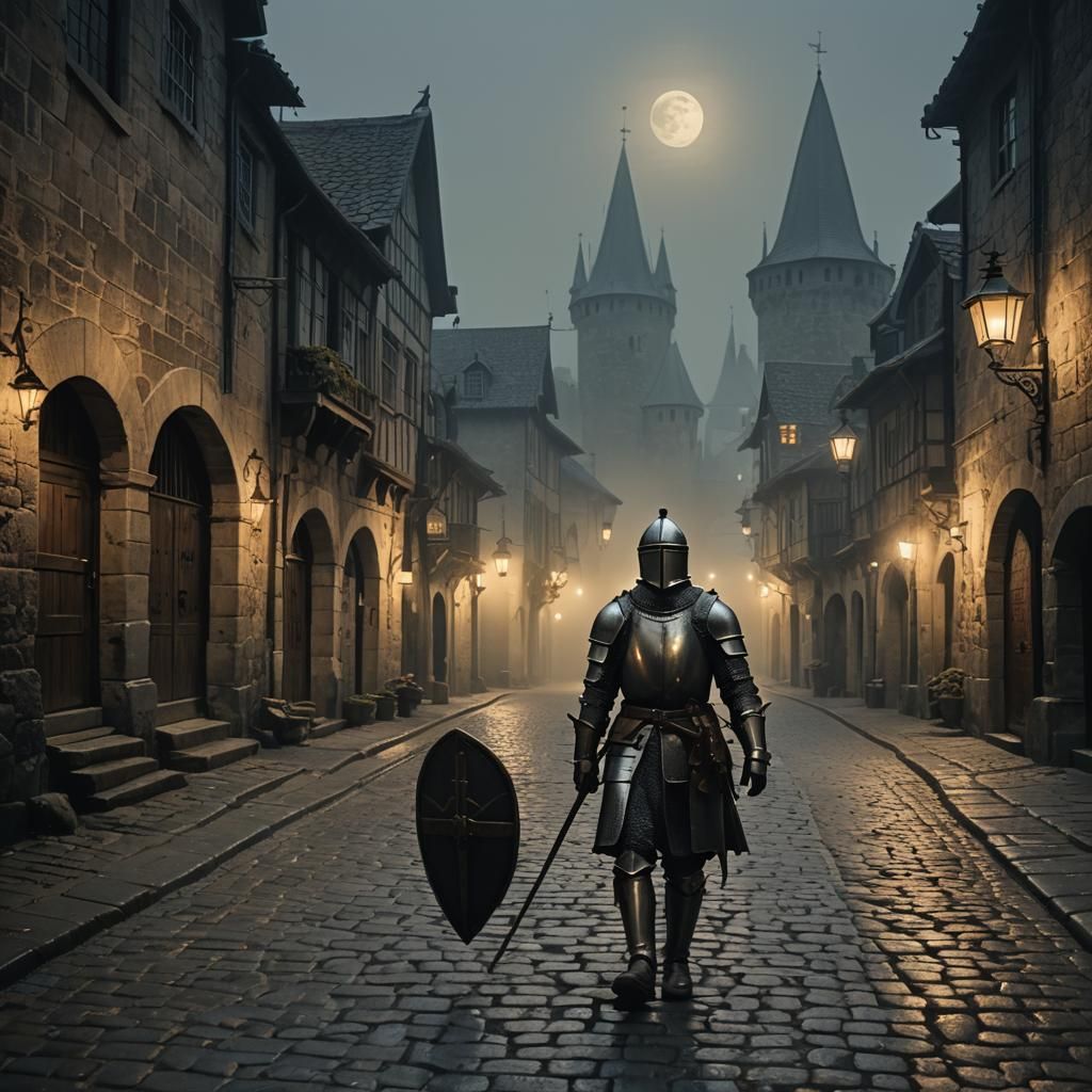 Weary Knight Returns to His Hometown Under a Misty Moonlit S...