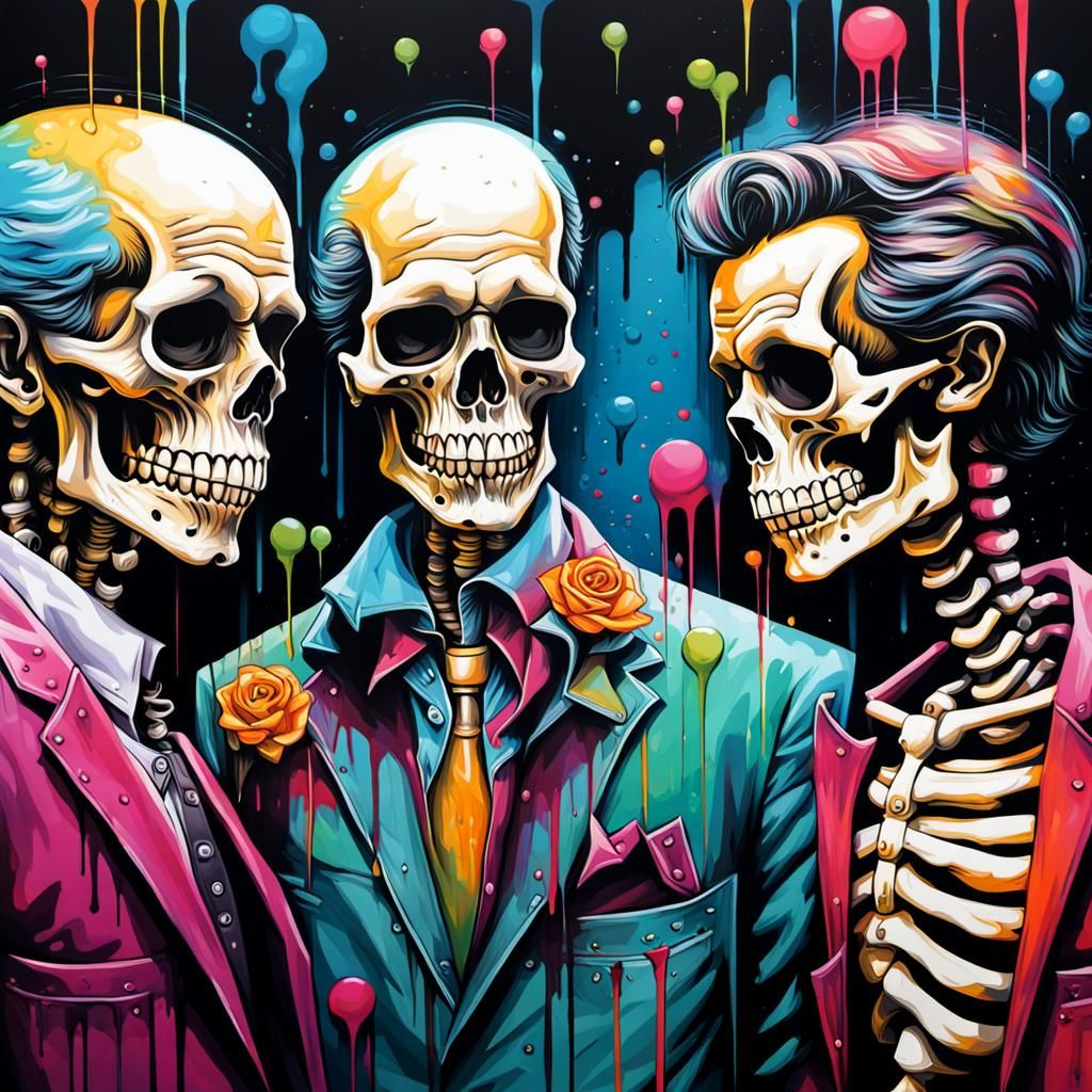 Skeletal Goodfellas in Vibrant Graffiti Style