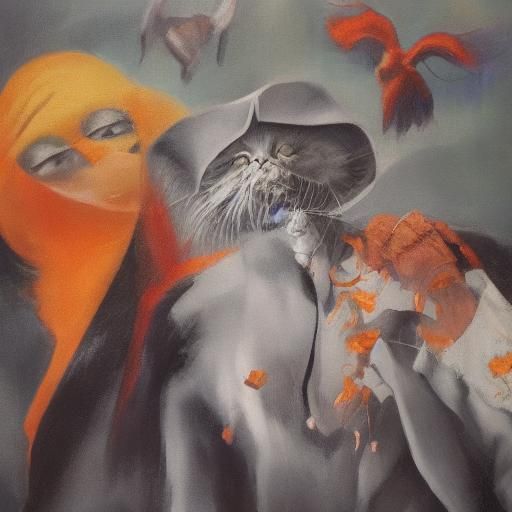 Grim Reaper Cat Collects Business Thoughts in Surrealist Art