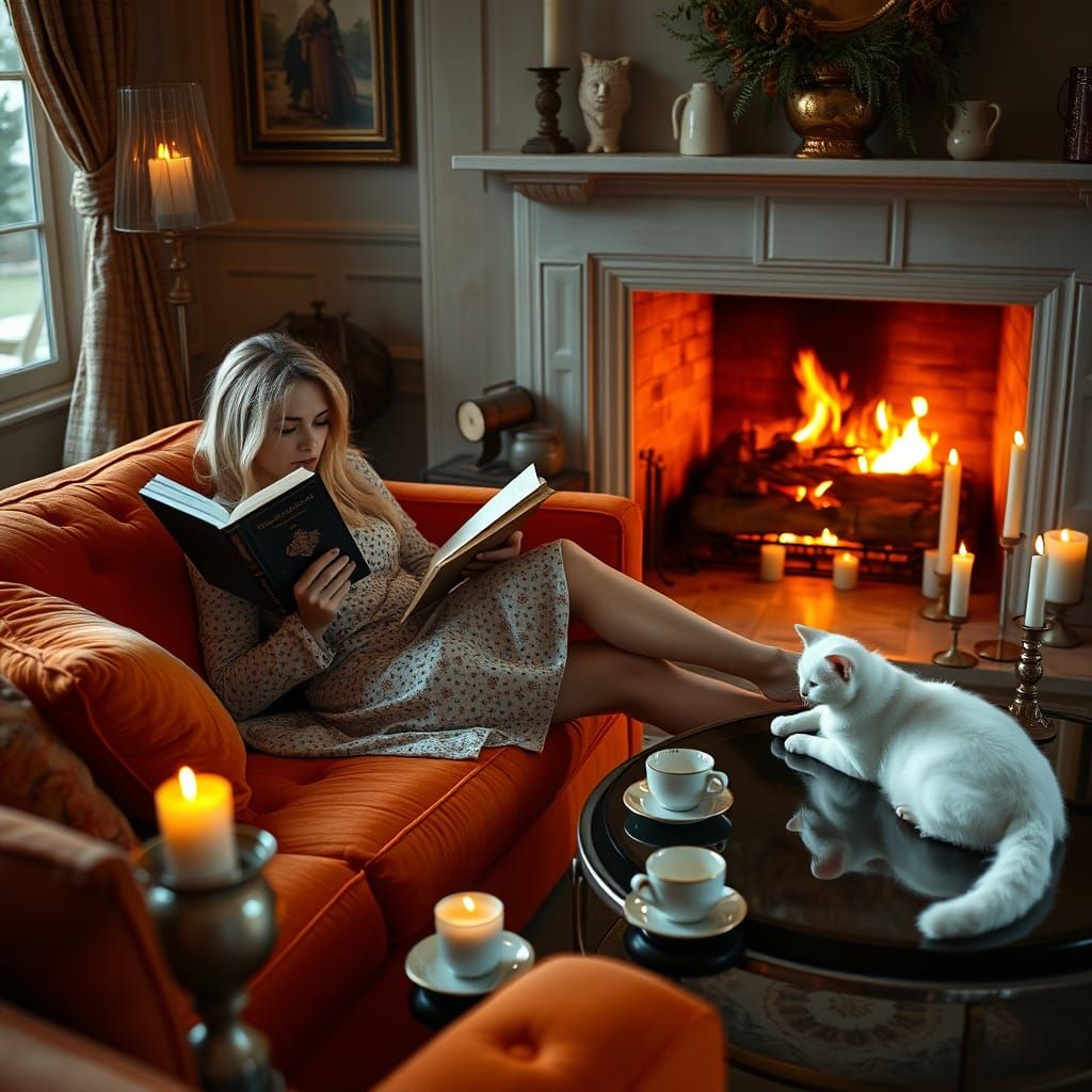 Cozy Lounge Reading by Fireplace: Hyperrealistic Photography