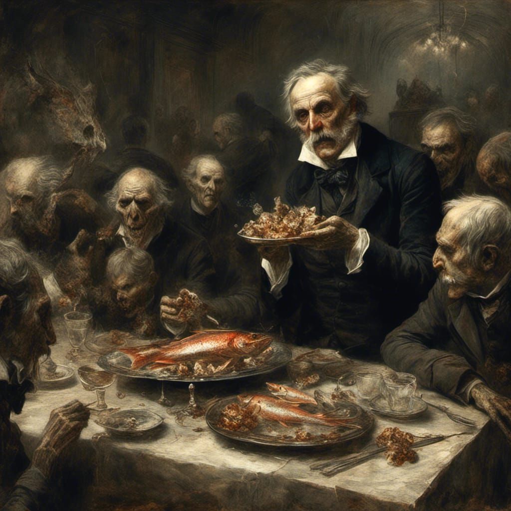 The hellish banquet continued, a macabre theatre of decayed grandeur and eternal suffering, where the souls of the damne...