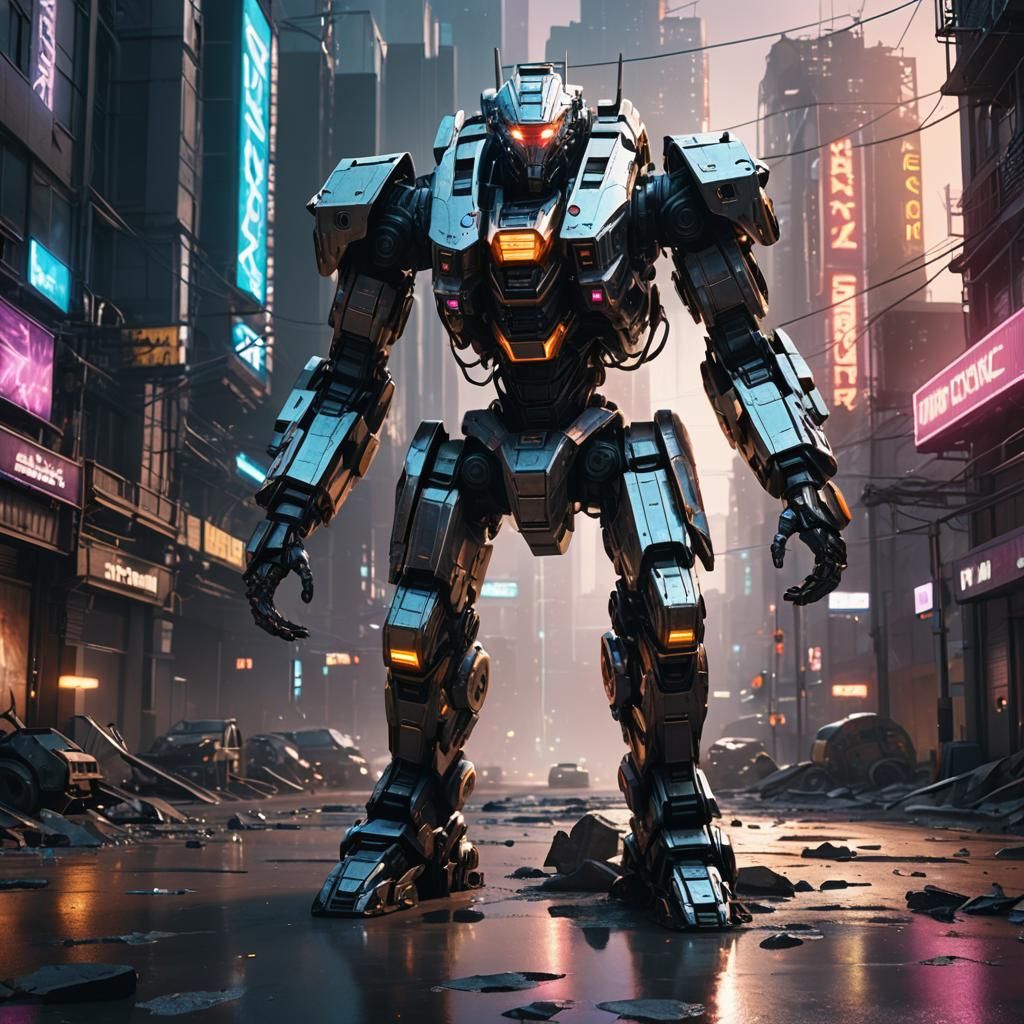 Futuristic Cyberpunk Mech Dominates Abandoned Cityscape