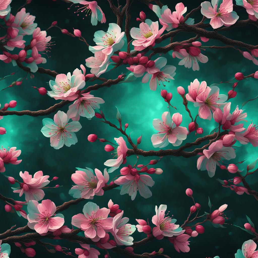 Vibrant Cherry Blossom Mural in Deep Color and Soft Focus