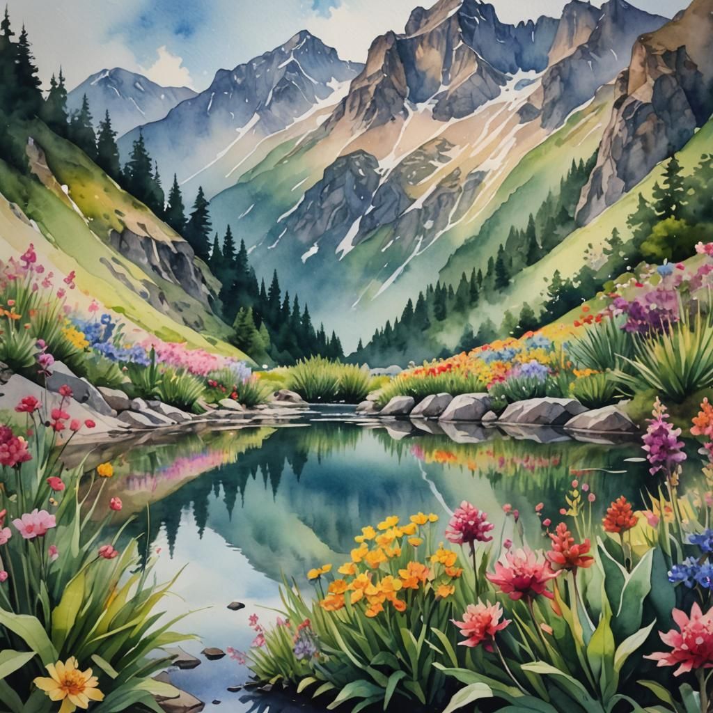 Serene Watercolor Mountain Landscape