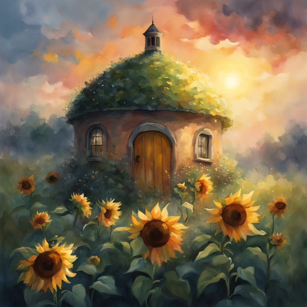 Whimsical Sunflower House in Watercolor Style