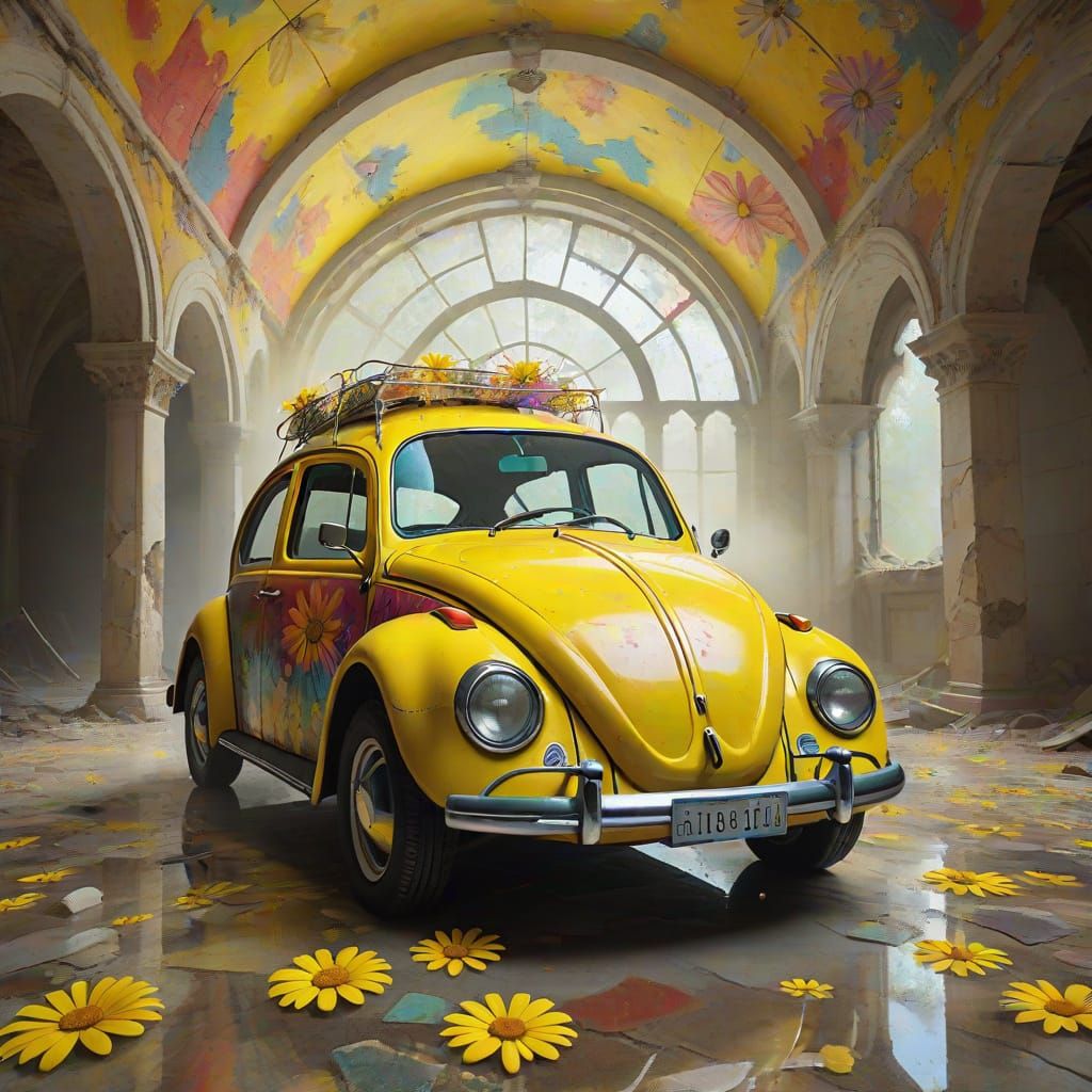 Psychedelic VW Bug in Crumbling Marble Sanctum