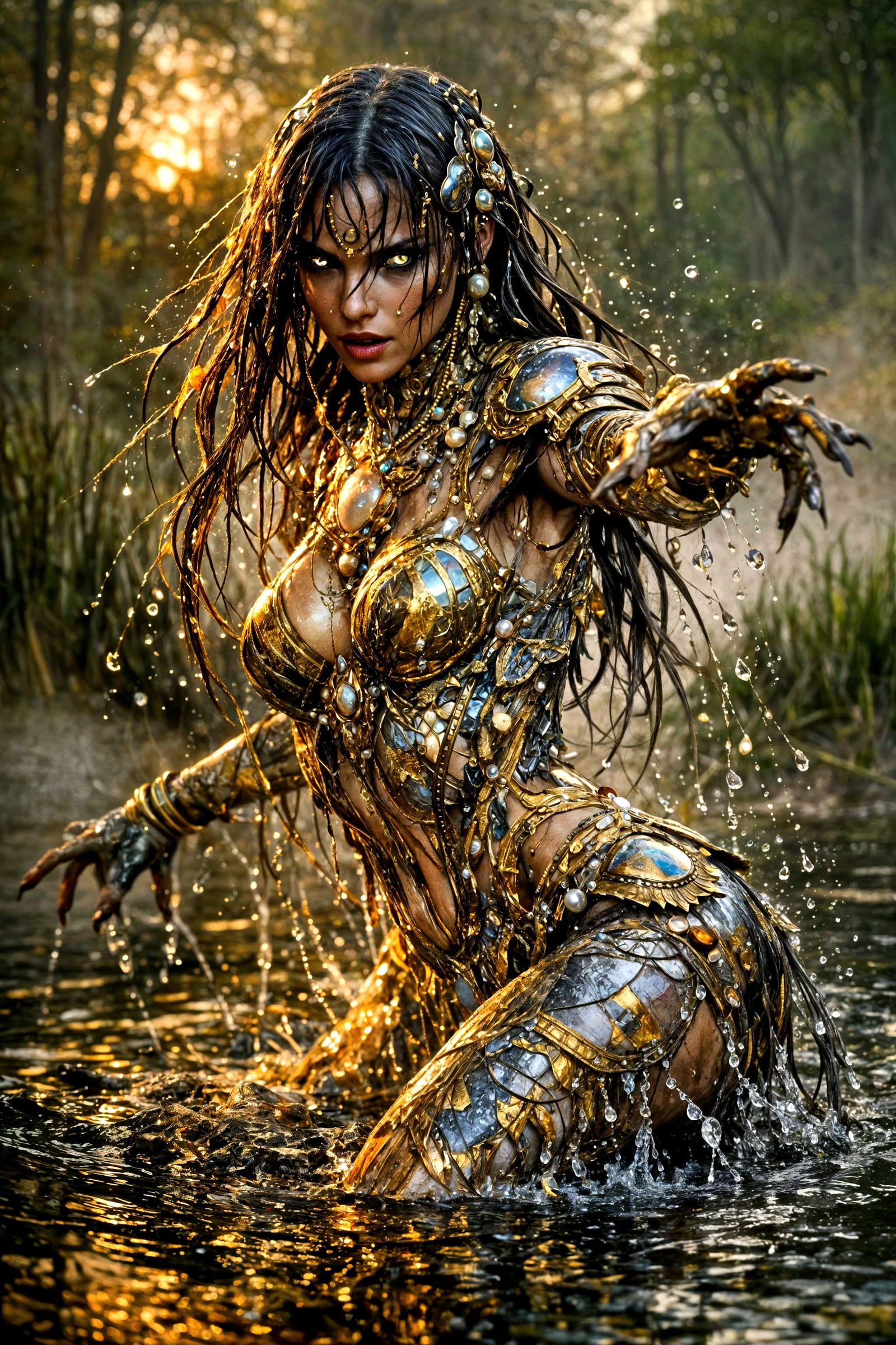 Mythic Siren of Metallic Beauty Emerges from Forest Lake