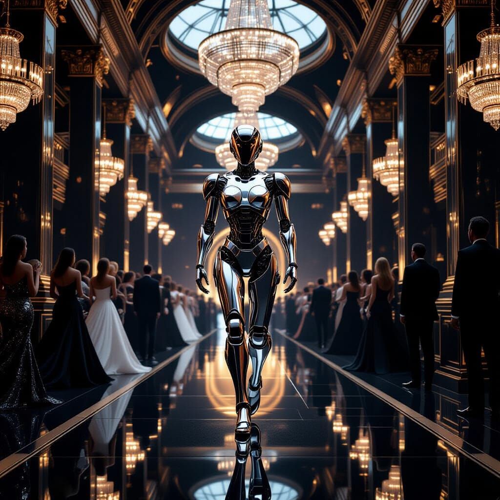 Futuristic Robot with Aquatic Head in Grand Hall