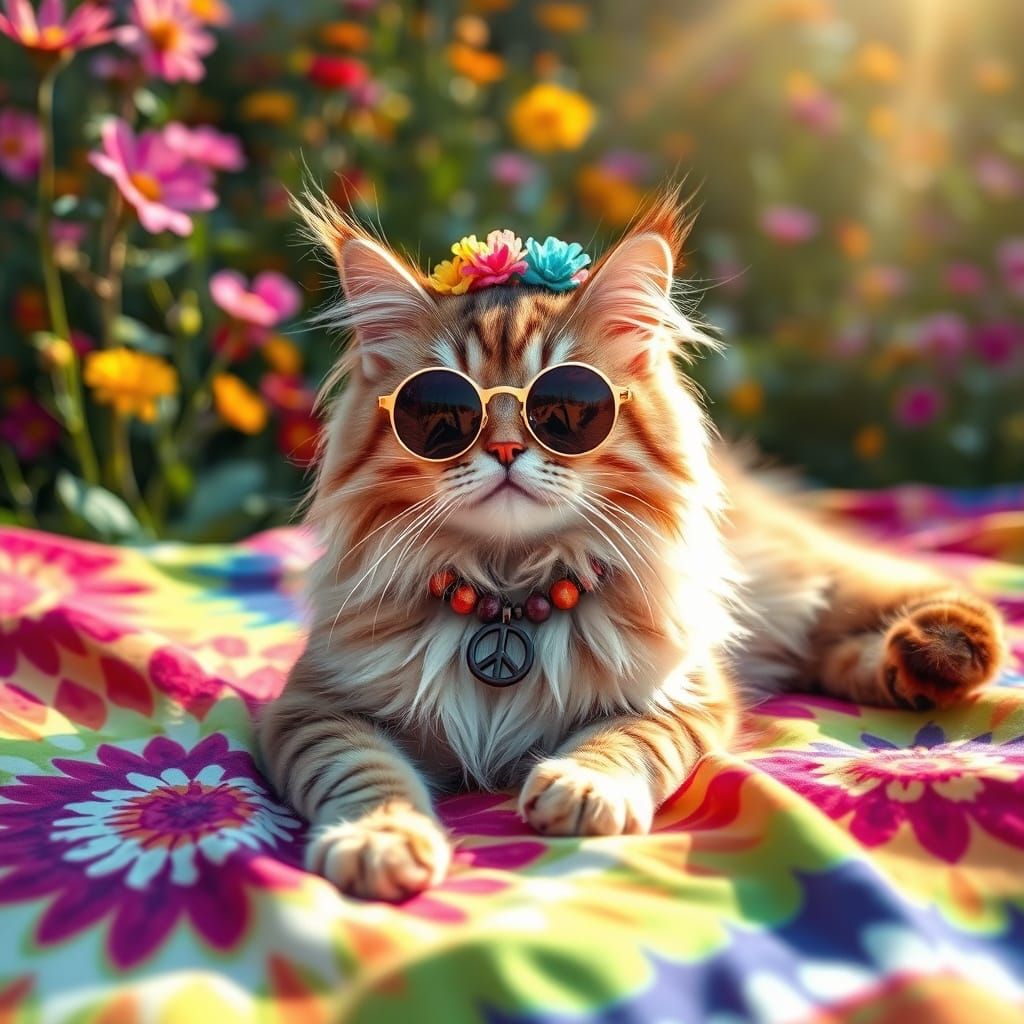 Psychedelic Hippie Cat in a Summer Garden