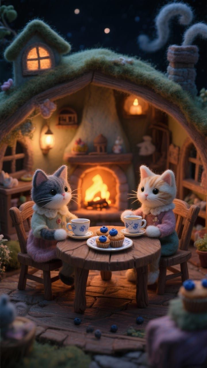 Felt Cat Village in Cozy Home with Fireplace