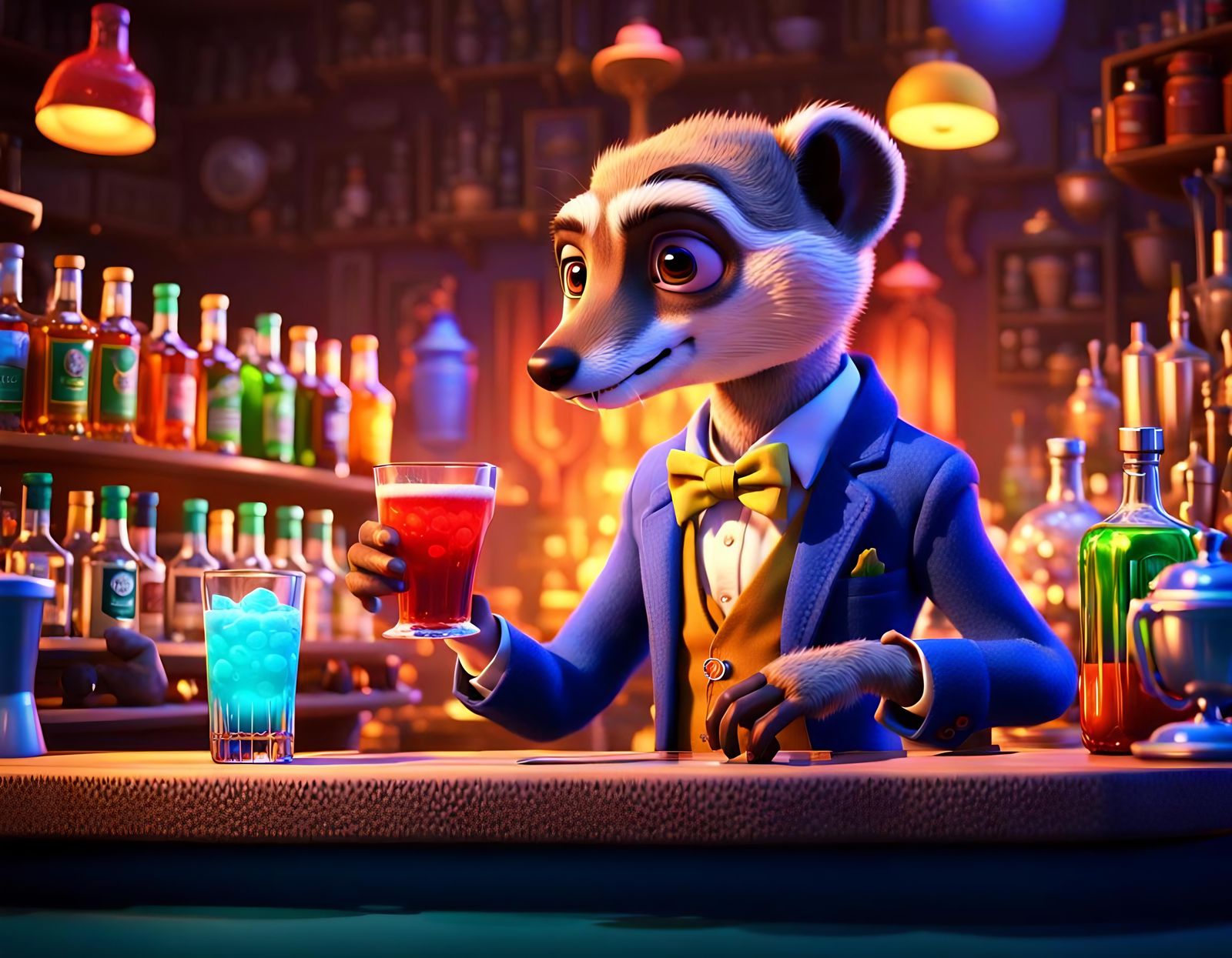 Meerkat Mixologist in a Vibrant Zootopia Tavern